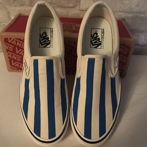 Blue & White Striped Vans Slip-Ons - Men’s 10